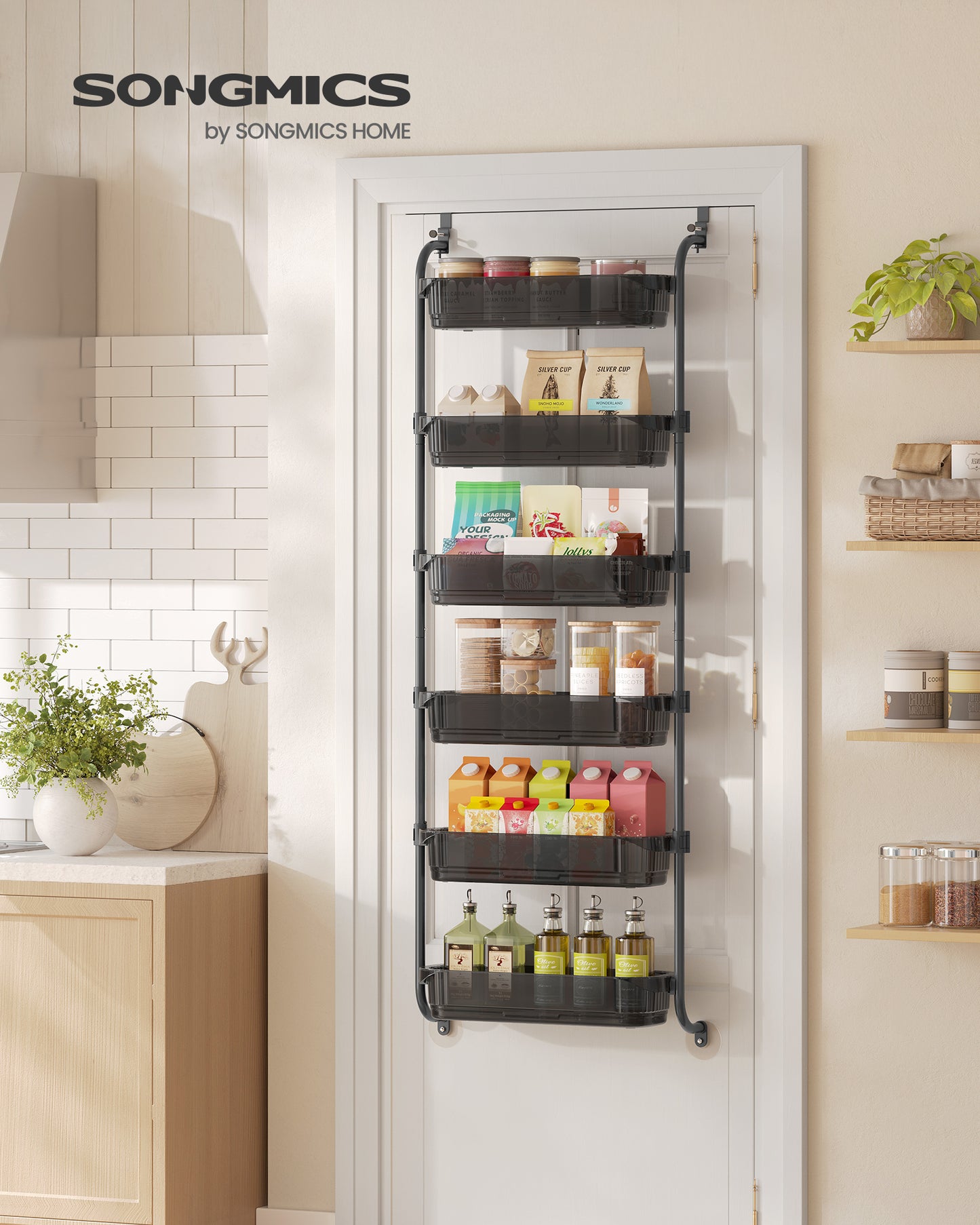 SONGMICS Over the Door Pantry Organizer, 6-Tier Kitchen Pantry Door Organizer with Adjustable Tall Baskets, Hanging Spice Rack, Transparent Black