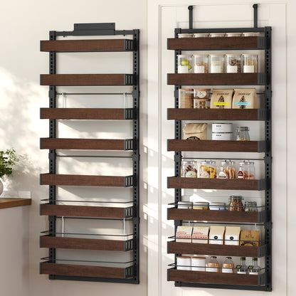 SONGMICS Pantry Door Organizer, 8-Tier Adjustable over the Door Spice Rack, Wall Mount Behind Door Storage, 16.9 x 6.2 x 71.7 Inch, Ink Black and Natural Walnut, BYSTRO Collection