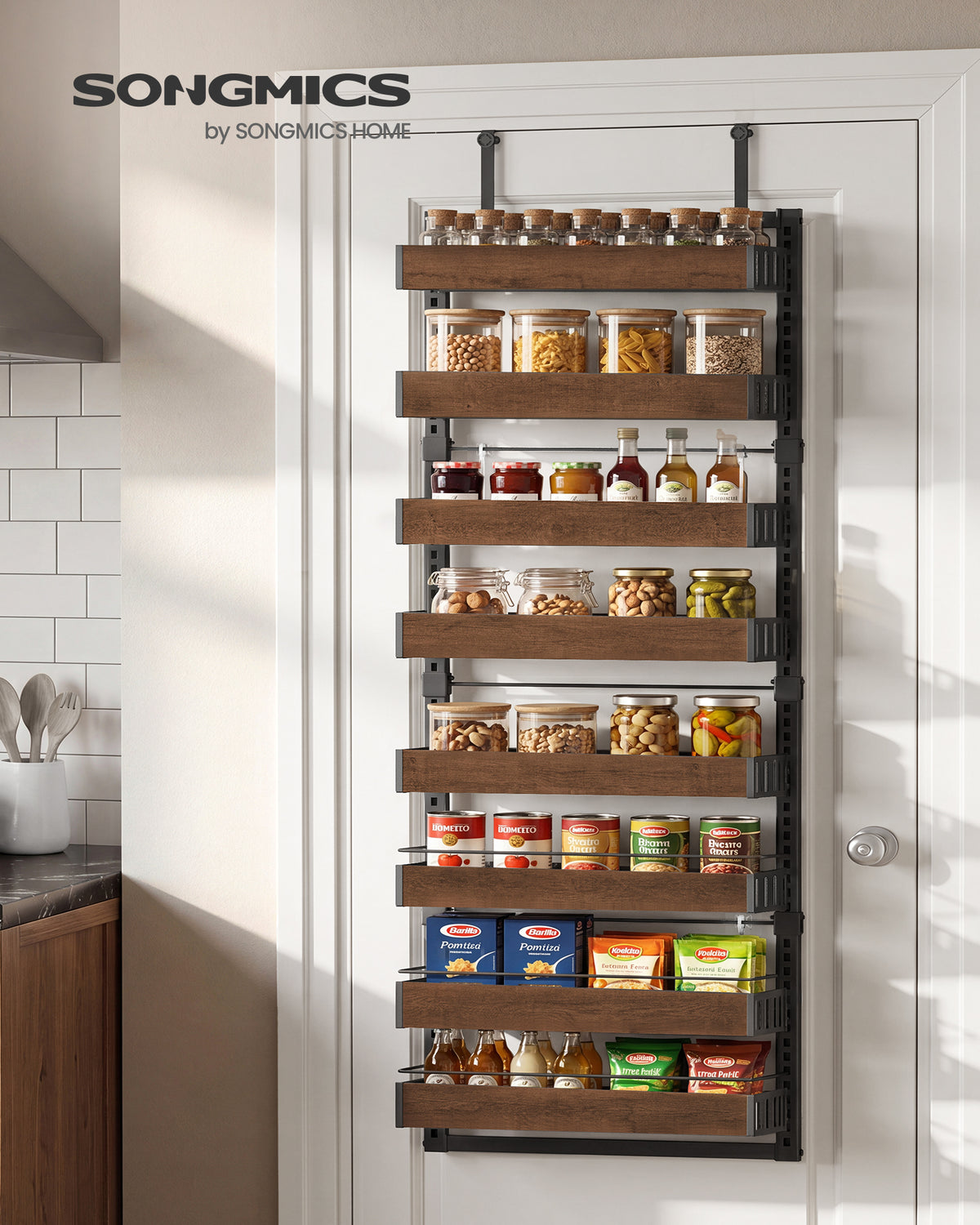 SONGMICS Pantry Door Organizer, 8-Tier Adjustable over the Door Spice Rack, Wall Mount Behind Door Storage, 16.9 x 6.2 x 71.7 Inch, Ink Black and Natural Walnut, BYSTRO Collection