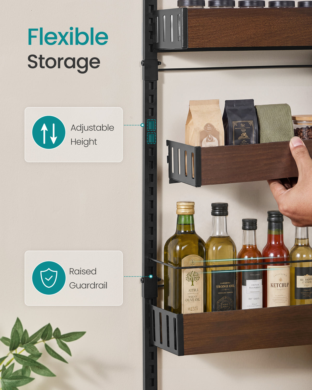 SONGMICS Pantry Door Organizer, 8-Tier Adjustable over the Door Spice Rack, Wall Mount Behind Door Storage, 16.9 x 6.2 x 71.7 Inch, Ink Black and Natural Walnut, BYSTRO Collection