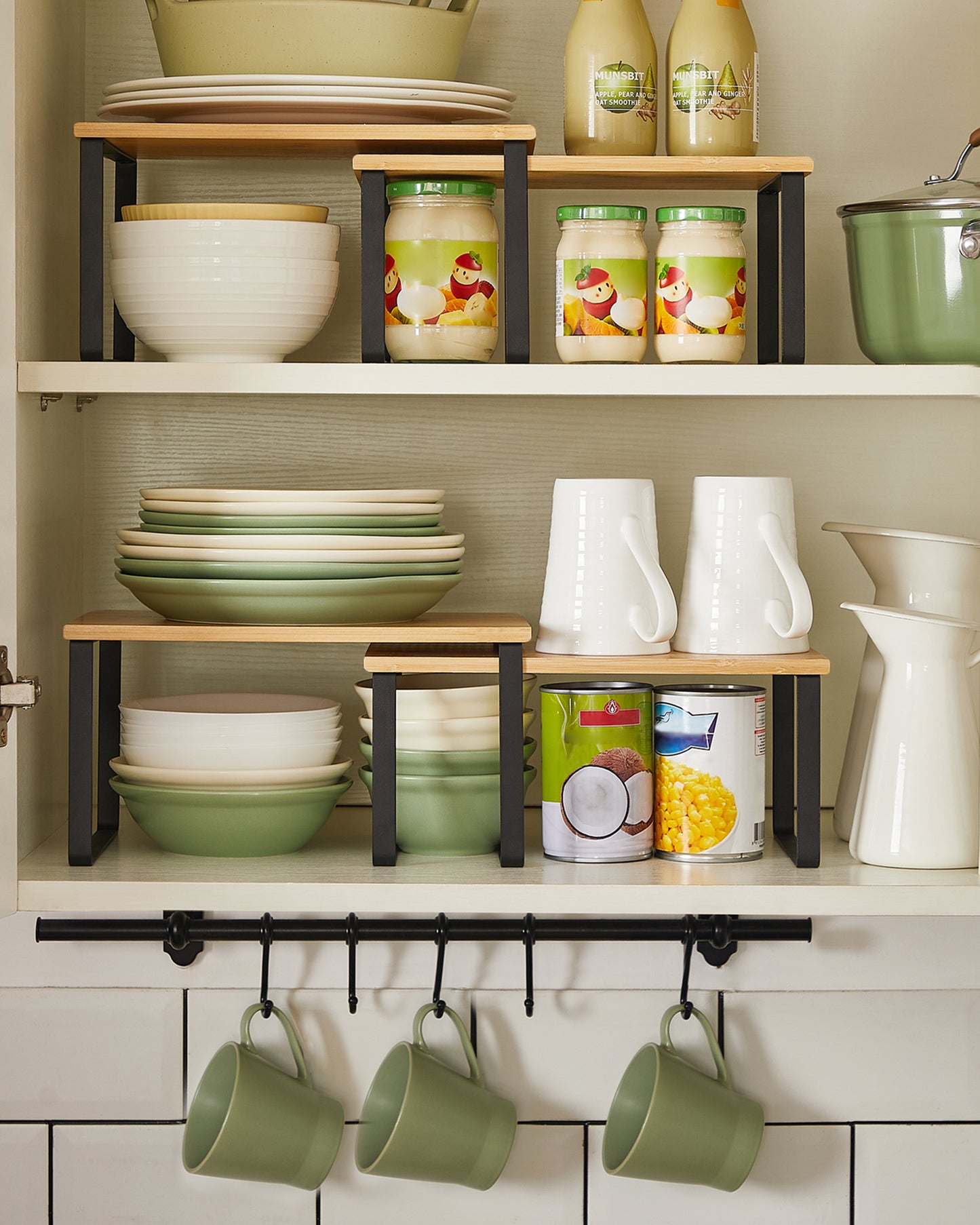 4 Pack Cabinet Organizer Shelf, Kitchen Counter Shelves, Kitchen Storage, Spice Rack, Stackable, Metal and Wood, Ink Black and Natural Beige