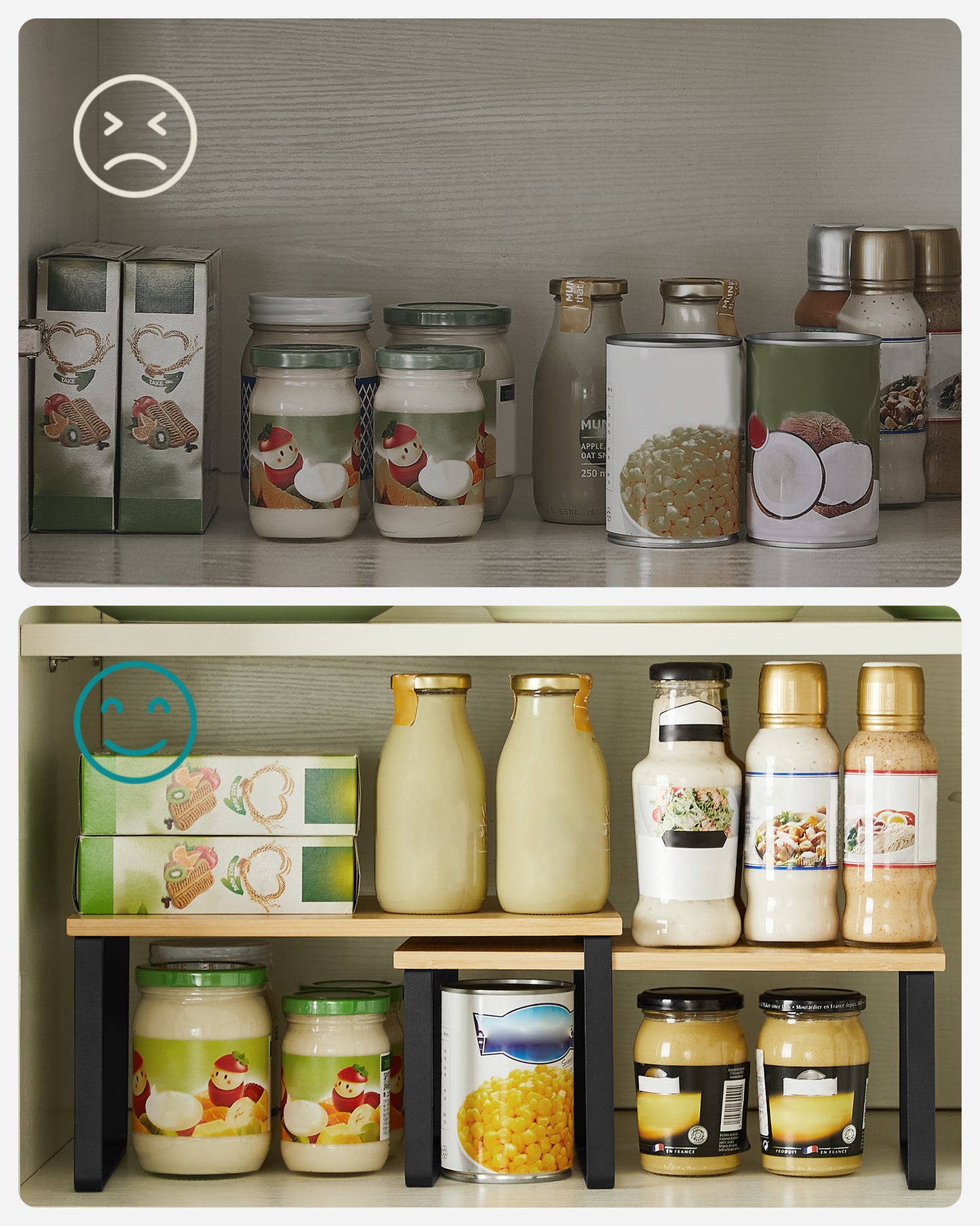 4 Pack Cabinet Organizer Shelf, Kitchen Counter Shelves, Kitchen Storage, Spice Rack, Stackable, Metal and Wood, Ink Black and Natural Beige