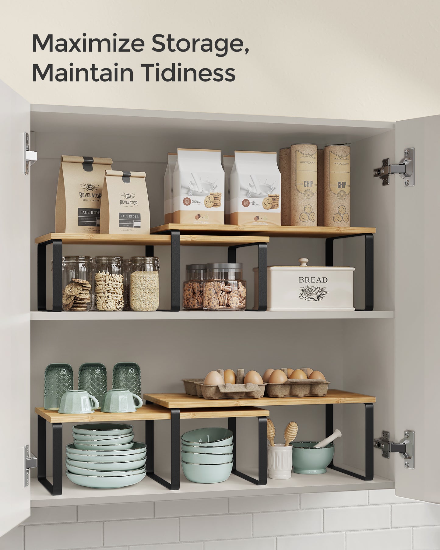 2 Pack Cabinet Organizer Shelf, Kitchen Counter Shelves, Kitchen Storage, Spice Rack, Stackable, Expandable, Metal and Engineered Wood