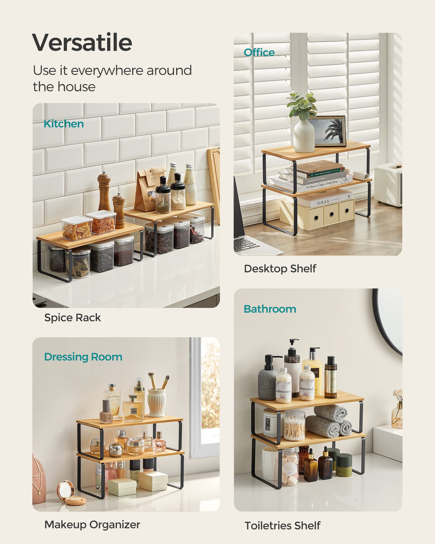 2 Pack Cabinet Organizer Shelf, Kitchen Counter Shelves, Kitchen Storage, Spice Rack, Stackable, Expandable, Metal and Engineered Wood