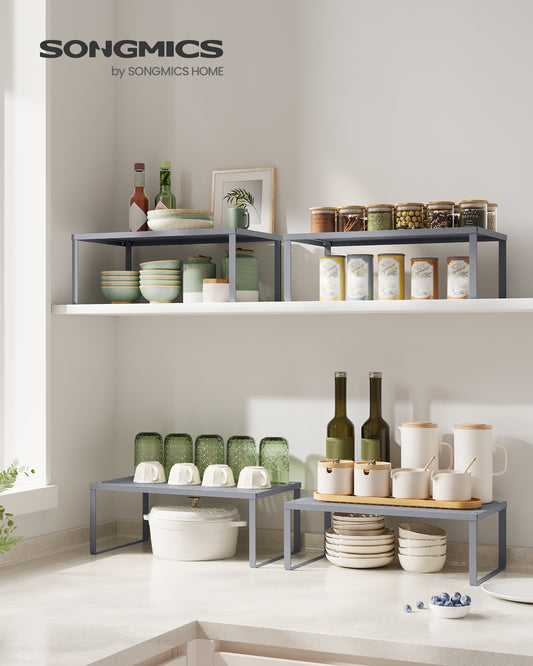 Set of 2 Metal Kitchen Counter Shelves - Stackable, Expandable Spice Racks, Cabinet & Countertop Organizers, Shelf Risers for Space Saving, Silver