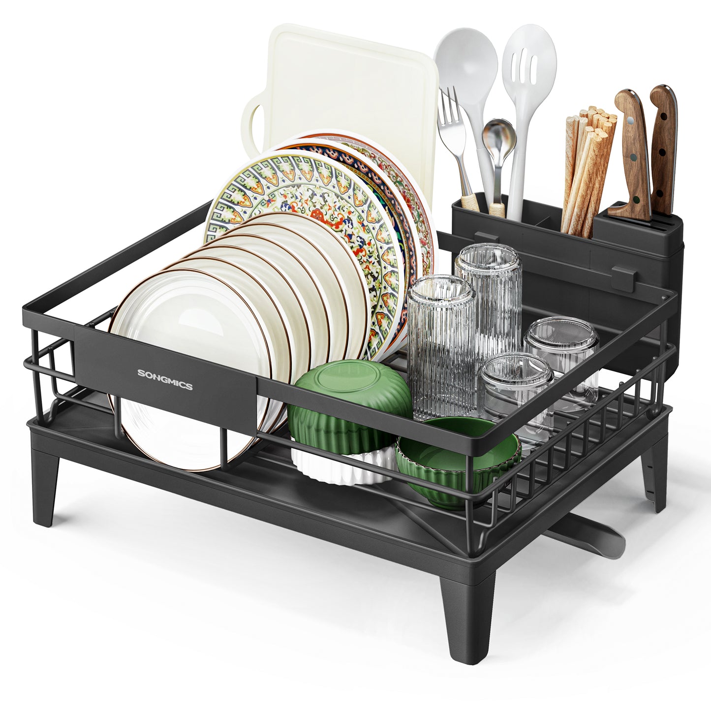 SONGMICS Dish Drying Rack with Drainboard, 360°Rotatable and Extendable Spout, with Cutlery Holder, 12.2 x 16.5 x 7.3 Inches, Ink Black