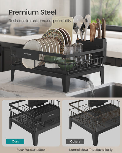 SONGMICS Dish Drying Rack with Drainboard, 360°Rotatable and Extendable Spout, with Cutlery Holder, 12.2 x 16.5 x 7.3 Inches, Ink Black
