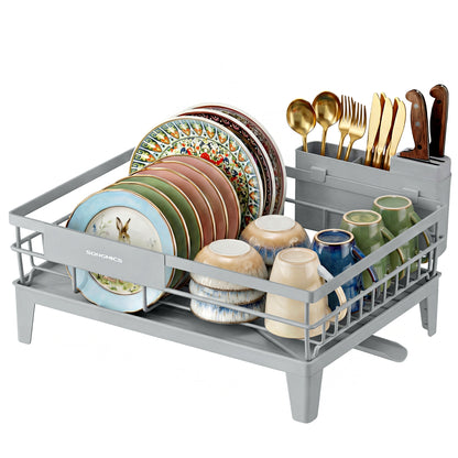 SONGMICS Dish Drying Rack with Drainboard, 360° Rotatable and Extendable Spout, with Cutlery Holder, 12.2 x 16.5 x 7.3 Inches, Dove Gray