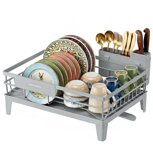 SONGMICS Dish Drying Rack with Drainboard, 360° Rotatable and Extendable Spout, with Cutlery Holder, 12.2 x 16.5 x 7.3 Inches, Dove Gray