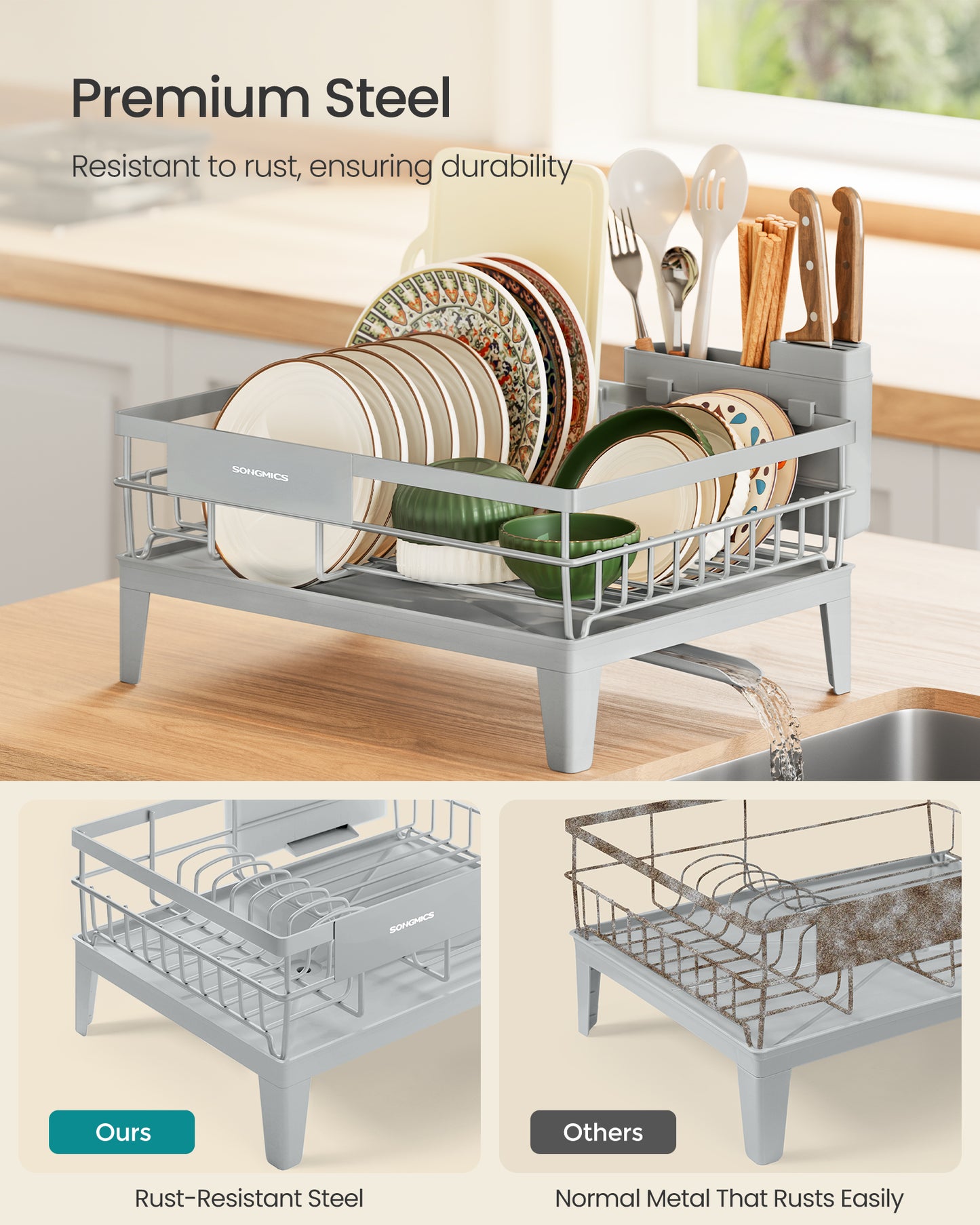 SONGMICS Dish Drying Rack with Drainboard, 360° Rotatable and Extendable Spout, with Cutlery Holder, 12.2 x 16.5 x 7.3 Inches, Dove Gray