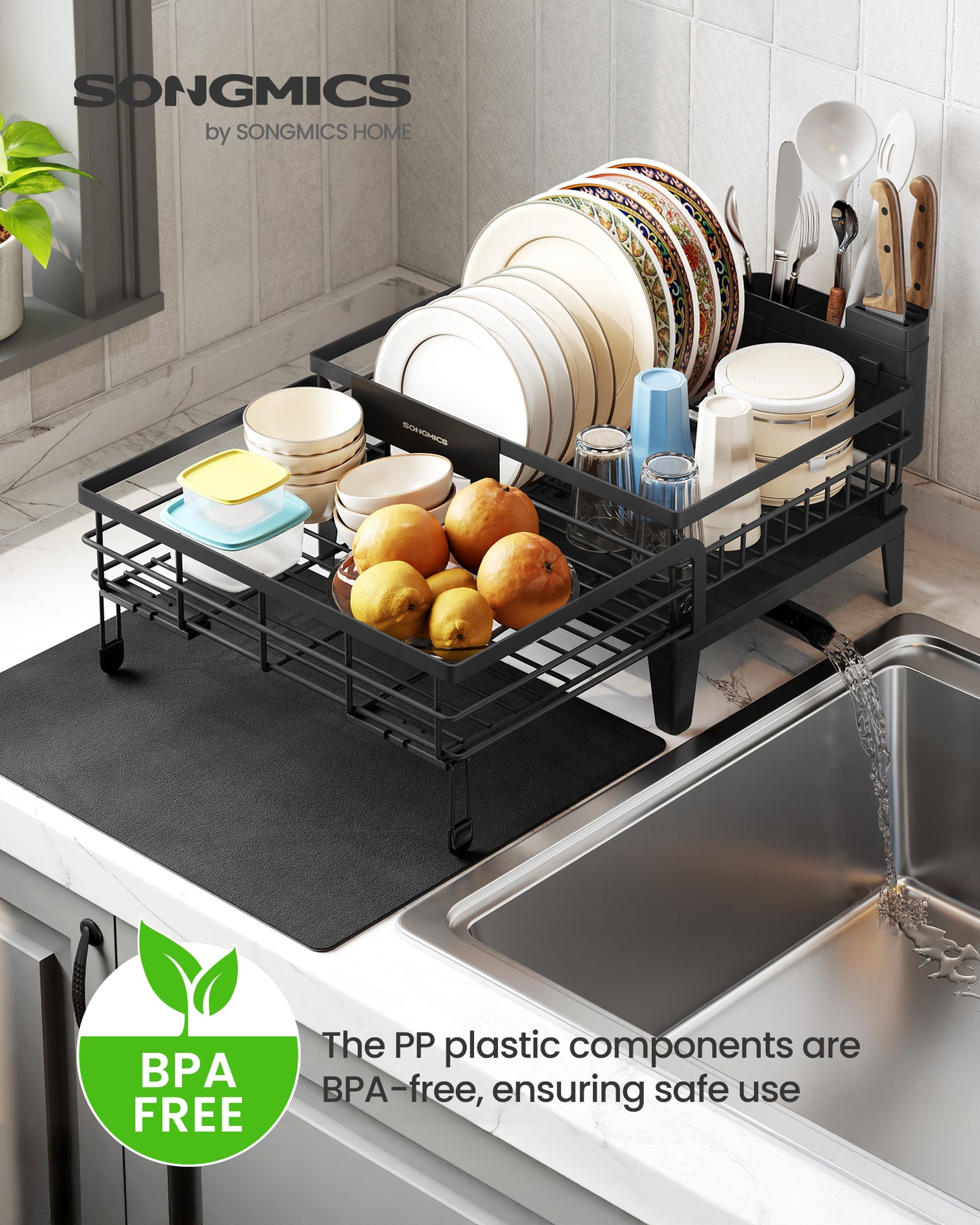SONGMICS Dish Drying Rack with Drainboard, 360° Rotatable and Extendable Spout, with Cutlery Holder, 12.2-22 x 16.5 x 7.9 Inches, Ink Black