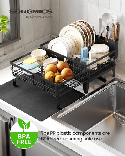 SONGMICS Dish Drying Rack with Drainboard, 360° Rotatable and Extendable Spout, with Cutlery Holder, 12.2-22 x 16.5 x 7.9 Inches, Ink Black