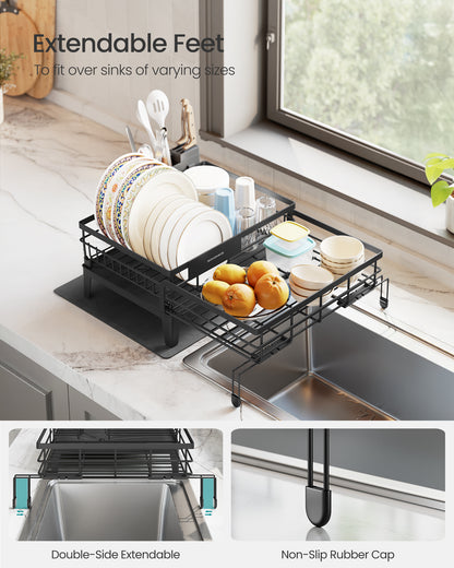 SONGMICS Dish Drying Rack with Drainboard, 360° Rotatable and Extendable Spout, with Cutlery Holder, 12.2-22 x 16.5 x 7.9 Inches, Ink Black