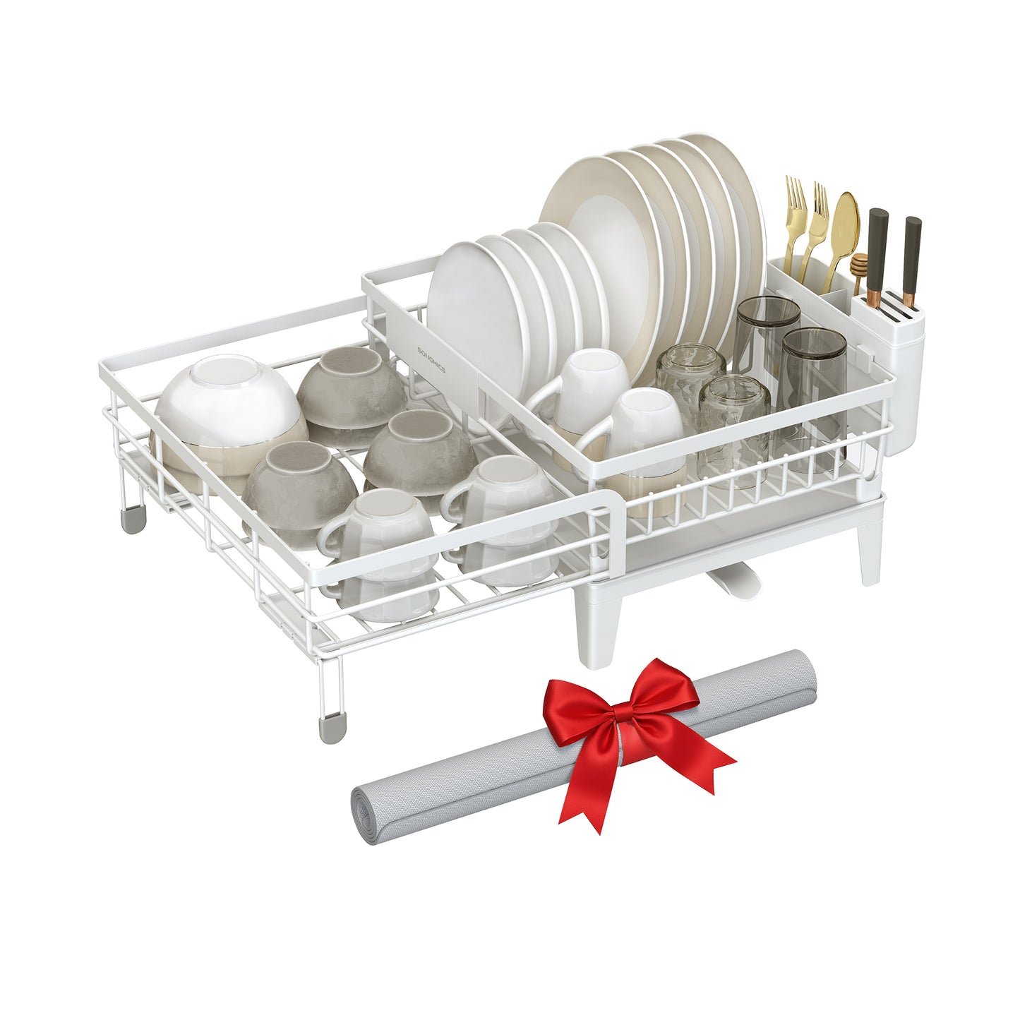 SONGMICS Dish Drying Rack with Drainboard, 360°Rotatable and Extendable Spout, with Cutlery Holder, 12.2-22x16.5x7.9 Inches, Matte White and Dove Gray