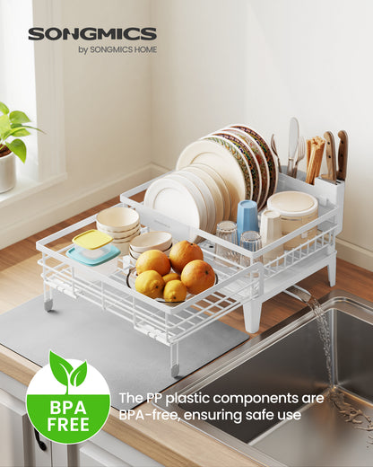 SONGMICS Dish Drying Rack with Drainboard, 360°Rotatable and Extendable Spout, with Cutlery Holder, 12.2-22x16.5x7.9 Inches, Matte White and Dove Gray
