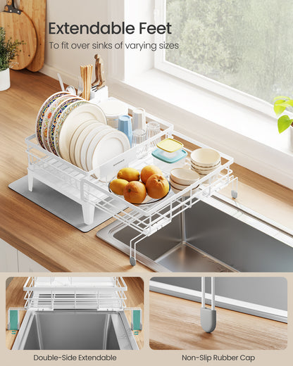 SONGMICS Dish Drying Rack with Drainboard, 360°Rotatable and Extendable Spout, with Cutlery Holder, 12.2-22x16.5x7.9 Inches, Matte White and Dove Gray