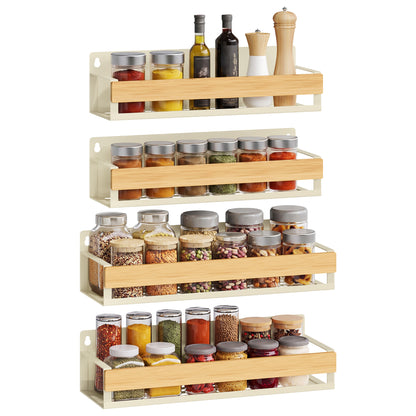 SONGMICS 4 Pack Spice Rack Wall Mount Widened, Cream White and Light Bamboo