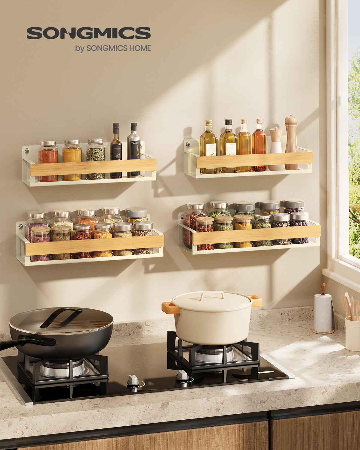 SONGMICS 4 Pack Spice Rack Wall Mount Widened, Cream White and Light Bamboo