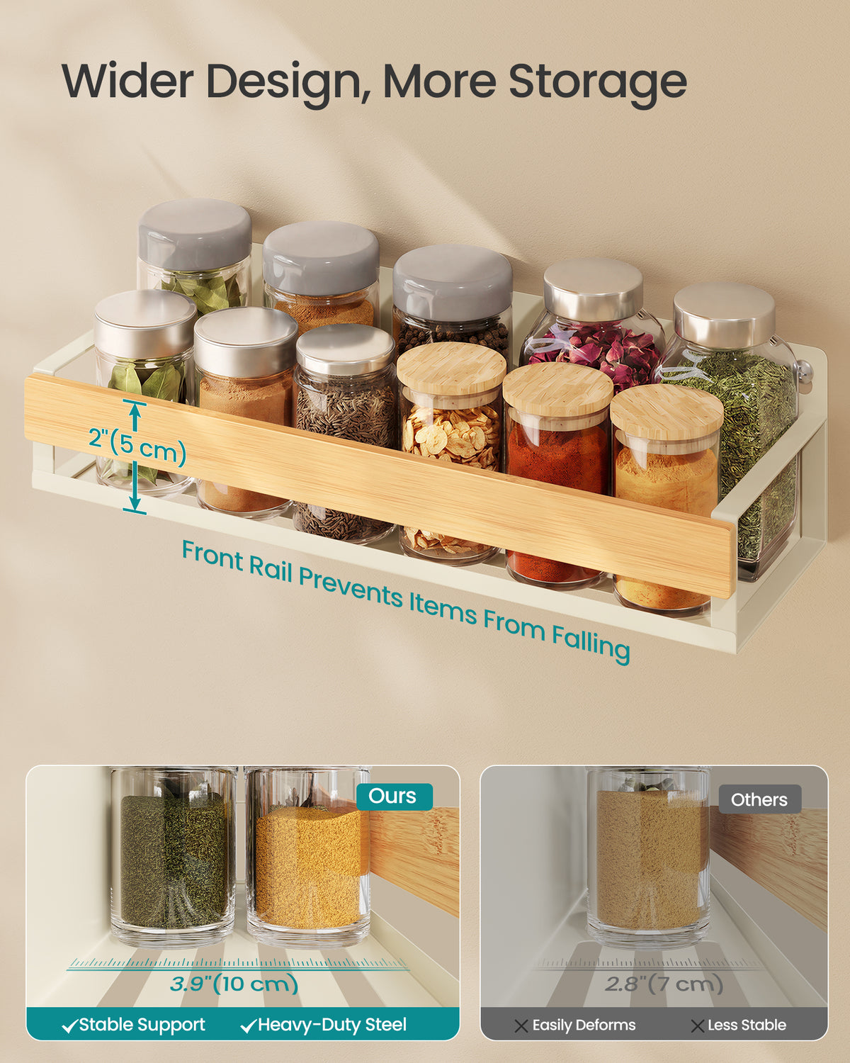 SONGMICS 4 Pack Spice Rack Wall Mount Widened, Cream White and Light Bamboo