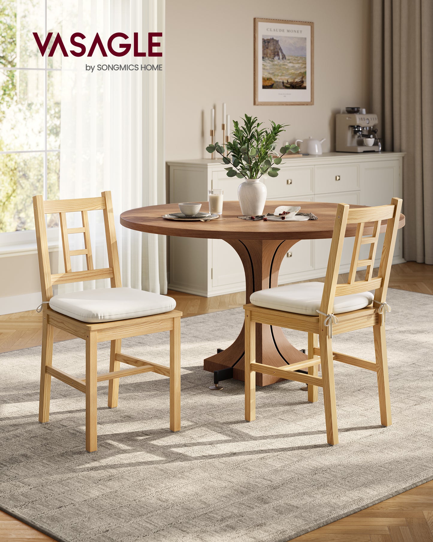 Set of 2 Dining Chairs with Removable Cushion, Curved Back Design, Sturdy Construction Supports 264 lb per Chair, Golden Oak