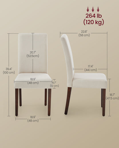 Dining Chairs, Set of 2 Parsons Chairs, Thick Seat, Removable Fabric Cover, High Back, for Kitchen Bedroom, 22.8 x 18.9 x 39.4 Inches, Cream White
