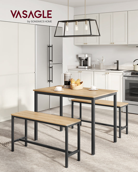 Dining Table Set for 4, Kitchen Table with 2 Benches, 27.6 x 43.3 x 29.5 Inches Dining Room Table, 11.8 x 38.2 x 19.7 Inches Bench, Golden Oak and Ink Black