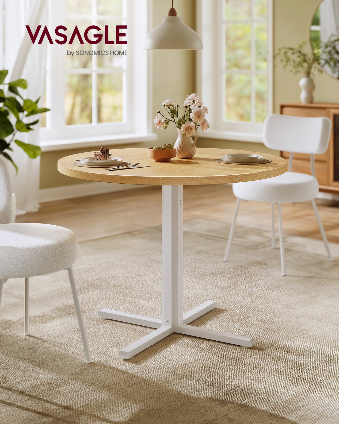 Round Dining Table for 4, 31.5 Inch Kitchen Table with Water-Resistant Top & C-Shaped Steel Frame, 220 lb Capacity, for Small Space Living Room Dining Room, Oka Beige
