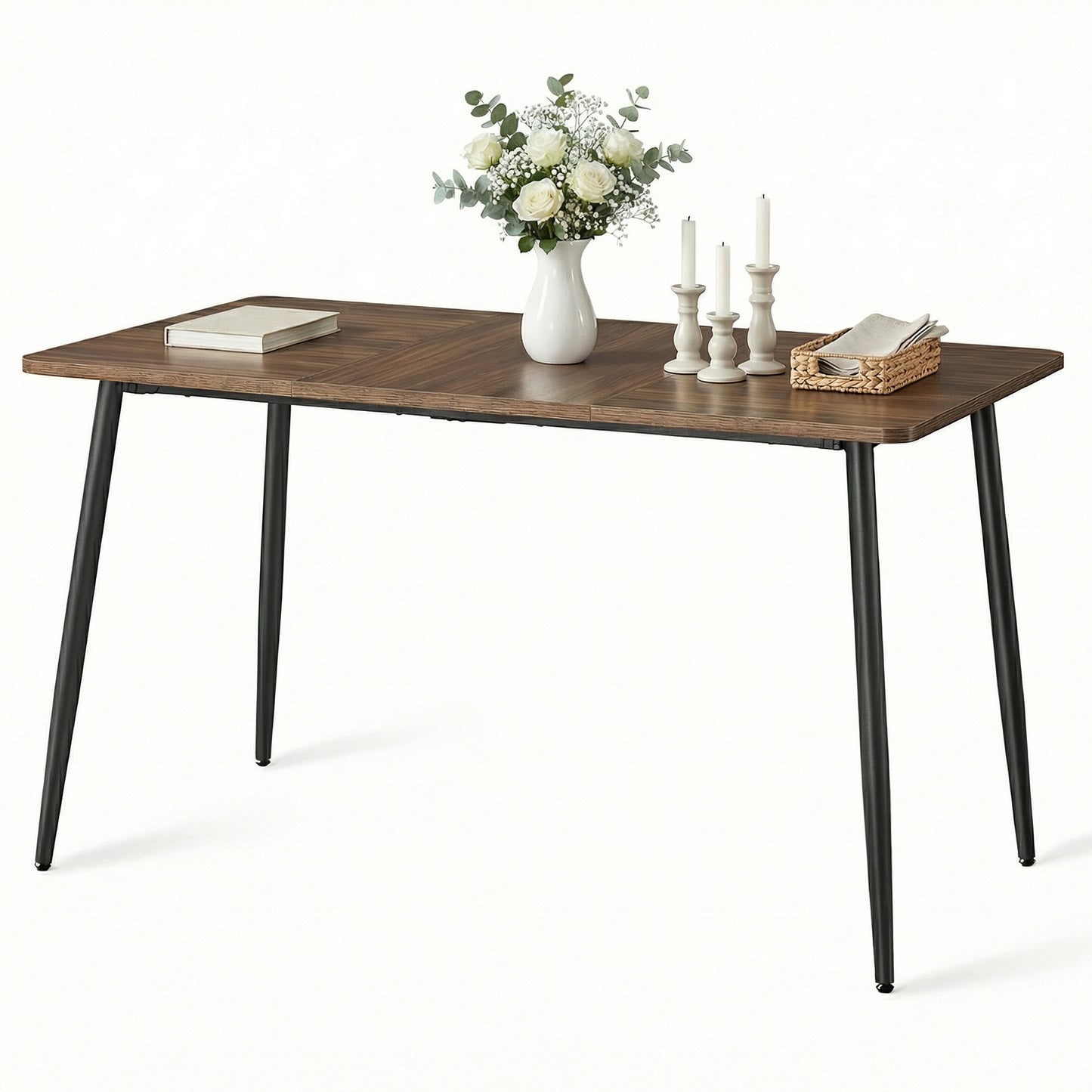 Modern Farmhouse Dining Table for 4-6, Quick Assembly Kitchen Table with Heat-Resistant Surface, 55.1 x 29.5 Inches, Natural Walnut & Ink Black