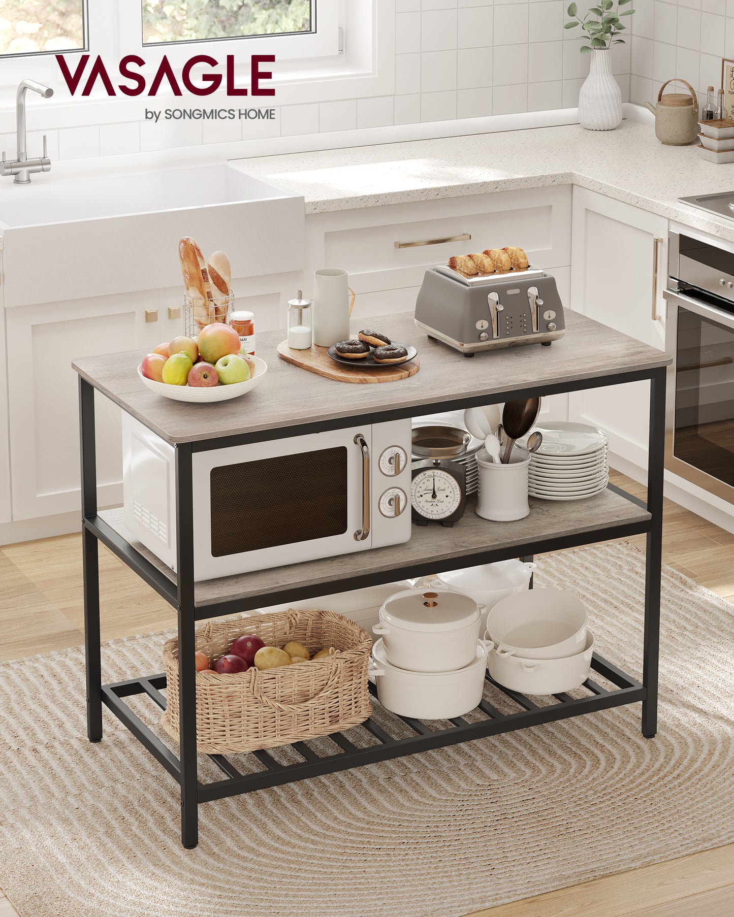 Kitchen Island with 3 Shelves, Island Table, 47.2 Inches Width Kitchen Shelf with Large Worktop, Stable Steel Structure, Industrial