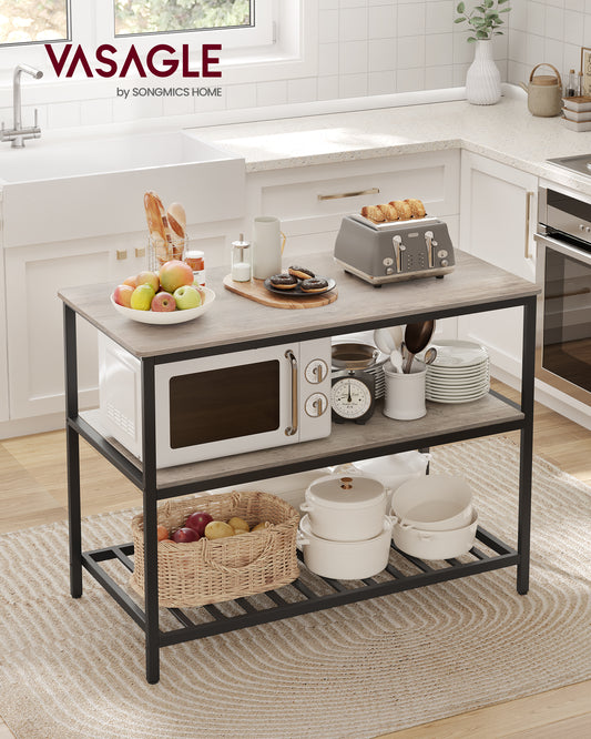 Kitchen Island with 3 Shelves, Island Table, 47.2 Inches Width Kitchen Shelf with Large Worktop, Stable Steel Structure, Industrial, Easy to Assemble