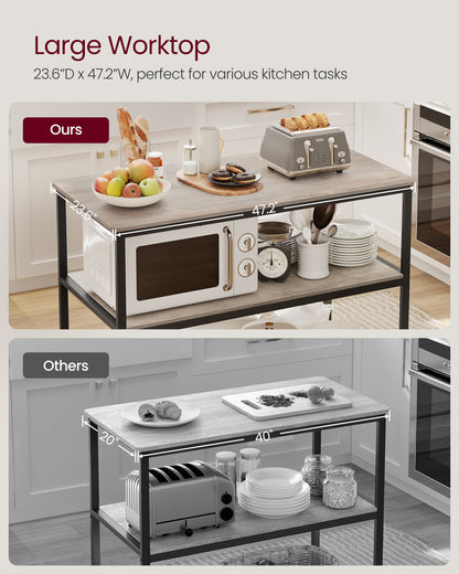 Kitchen Island with 3 Shelves, Island Table, 47.2 Inches Width Kitchen Shelf with Large Worktop, Stable Steel Structure, Industrial, Easy to Assemble