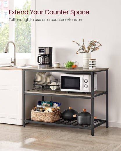 VASAGLE Kitchen Island with 3 Shelves, 47.2 Inches Kitchen Shelf with Large Worktop, Stable Steel Structure, Easy to Assemble, Greige and Black