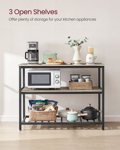 VASAGLE Kitchen Island with 3 Shelves, 47.2 Inches Kitchen Shelf with Large Worktop, Stable Steel Structure, Easy to Assemble, Greige and Black