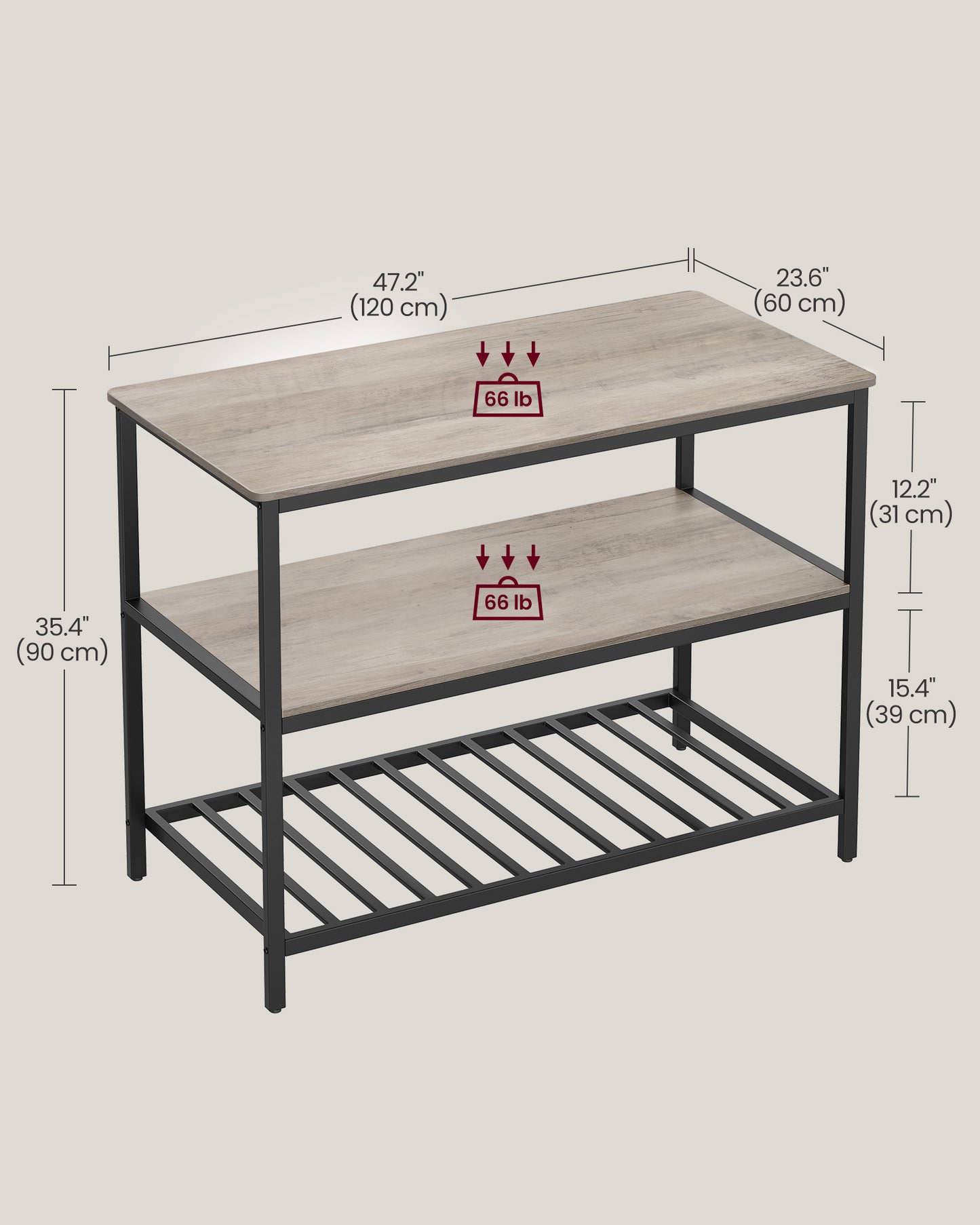 VASAGLE Kitchen Island with 3 Shelves, 47.2 Inches Kitchen Shelf with Large Worktop, Stable Steel Structure, Easy to Assemble, Greige and Black