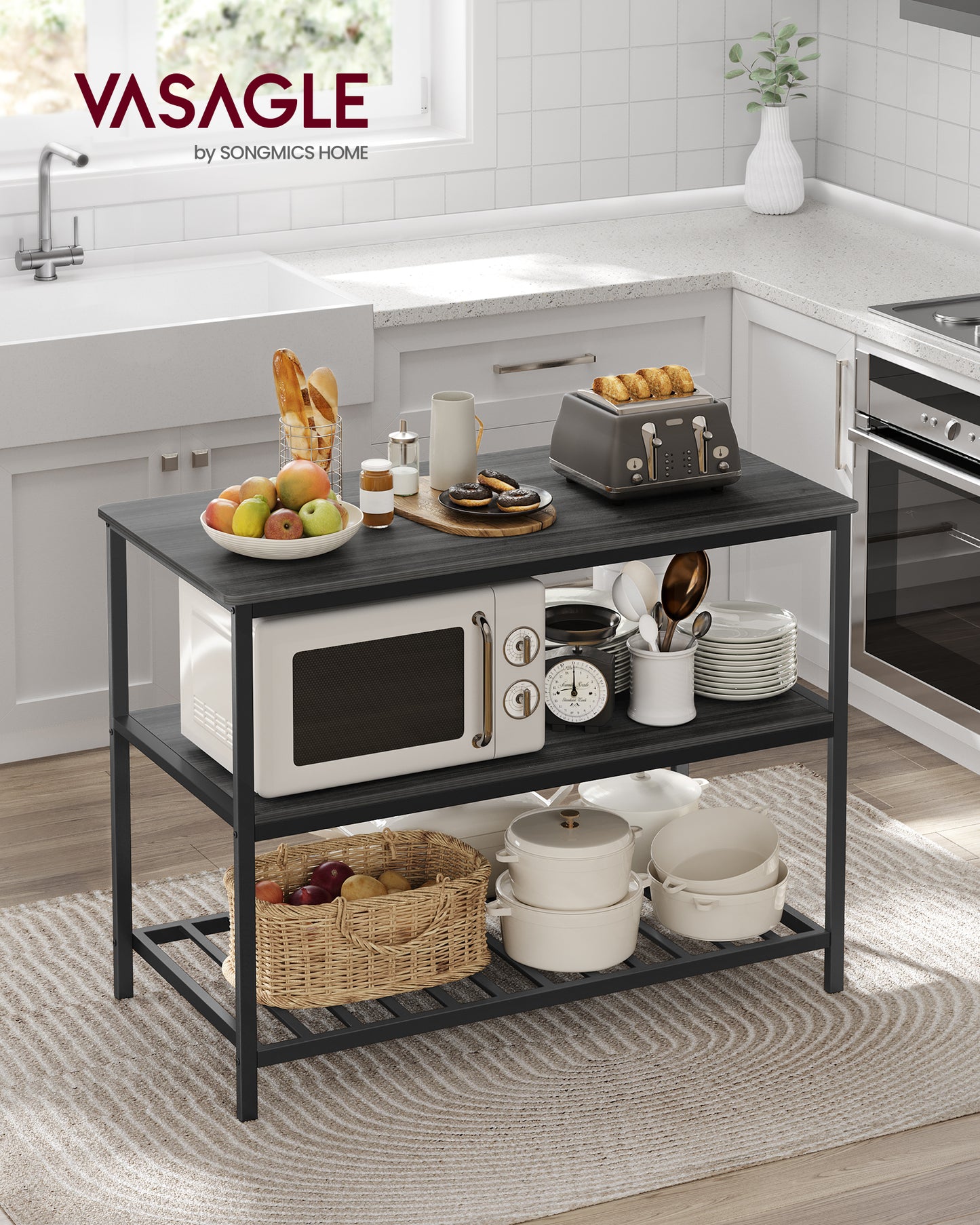 VASAGLE Kitchen Island with 3 Shelves, 47.2 Inches Kitchen Shelf with Large Worktop, Stable Steel Structure, Ebonized Oak Finish and Black