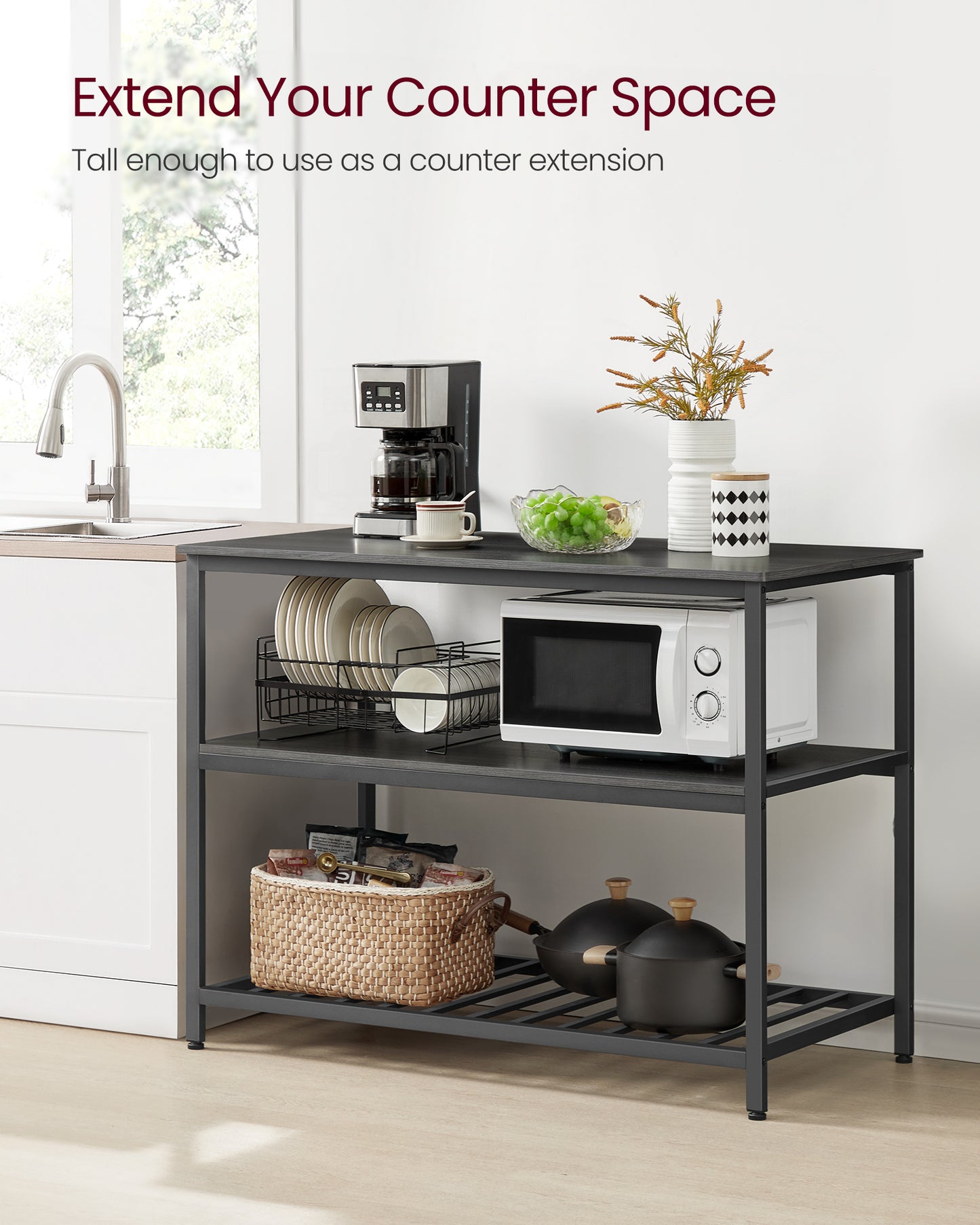 VASAGLE Kitchen Island with 3 Shelves, 47.2 Inches Kitchen Shelf with Large Worktop, Stable Steel Structure, Ebonized Oak Finish and Black