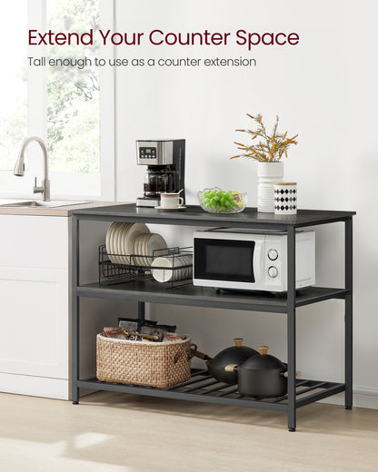 VASAGLE Kitchen Island with 3 Shelves, 47.2 Inches Kitchen Shelf with Large Worktop, Stable Steel Structure, Ebonized Oak Finish and Black