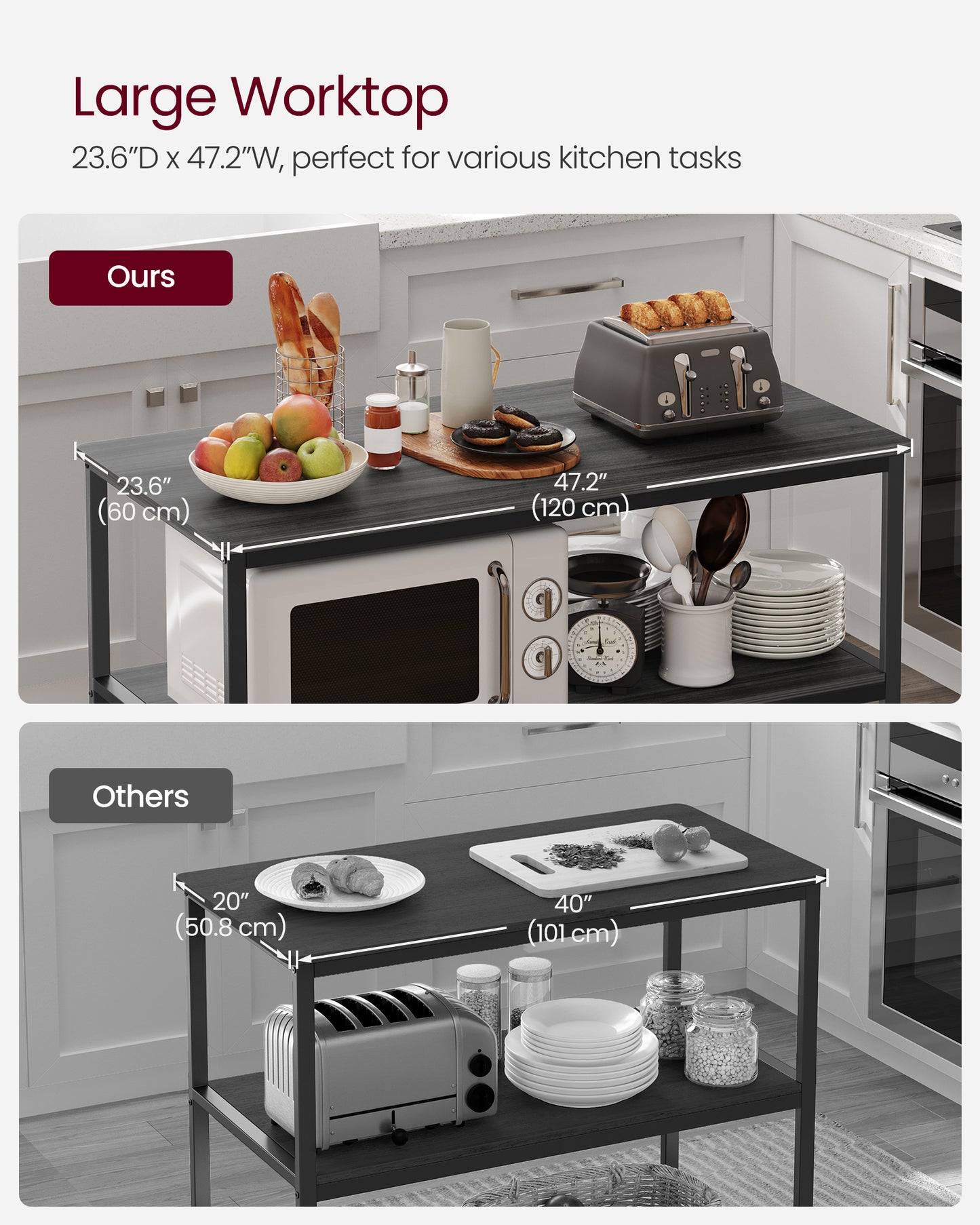 VASAGLE Kitchen Island with 3 Shelves, 47.2 Inches Kitchen Shelf with Large Worktop, Stable Steel Structure, Ebonized Oak Finish and Black