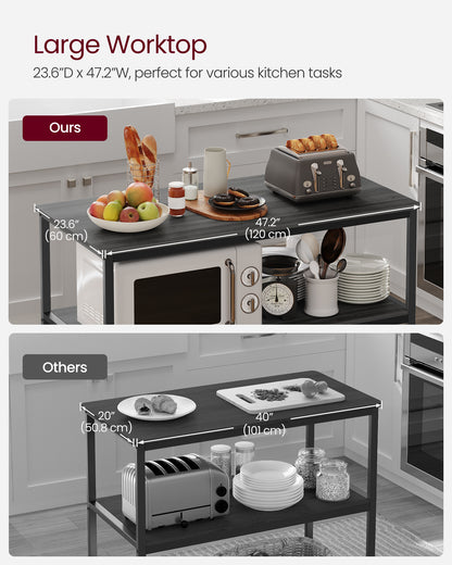 VASAGLE Kitchen Island with 3 Shelves, 47.2 Inches Kitchen Shelf with Large Worktop, Stable Steel Structure, Ebonized Oak Finish and Black