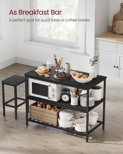 VASAGLE Kitchen Island with 3 Shelves, 47.2 Inches Kitchen Shelf with Large Worktop, Stable Steel Structure, Ebonized Oak Finish and Black