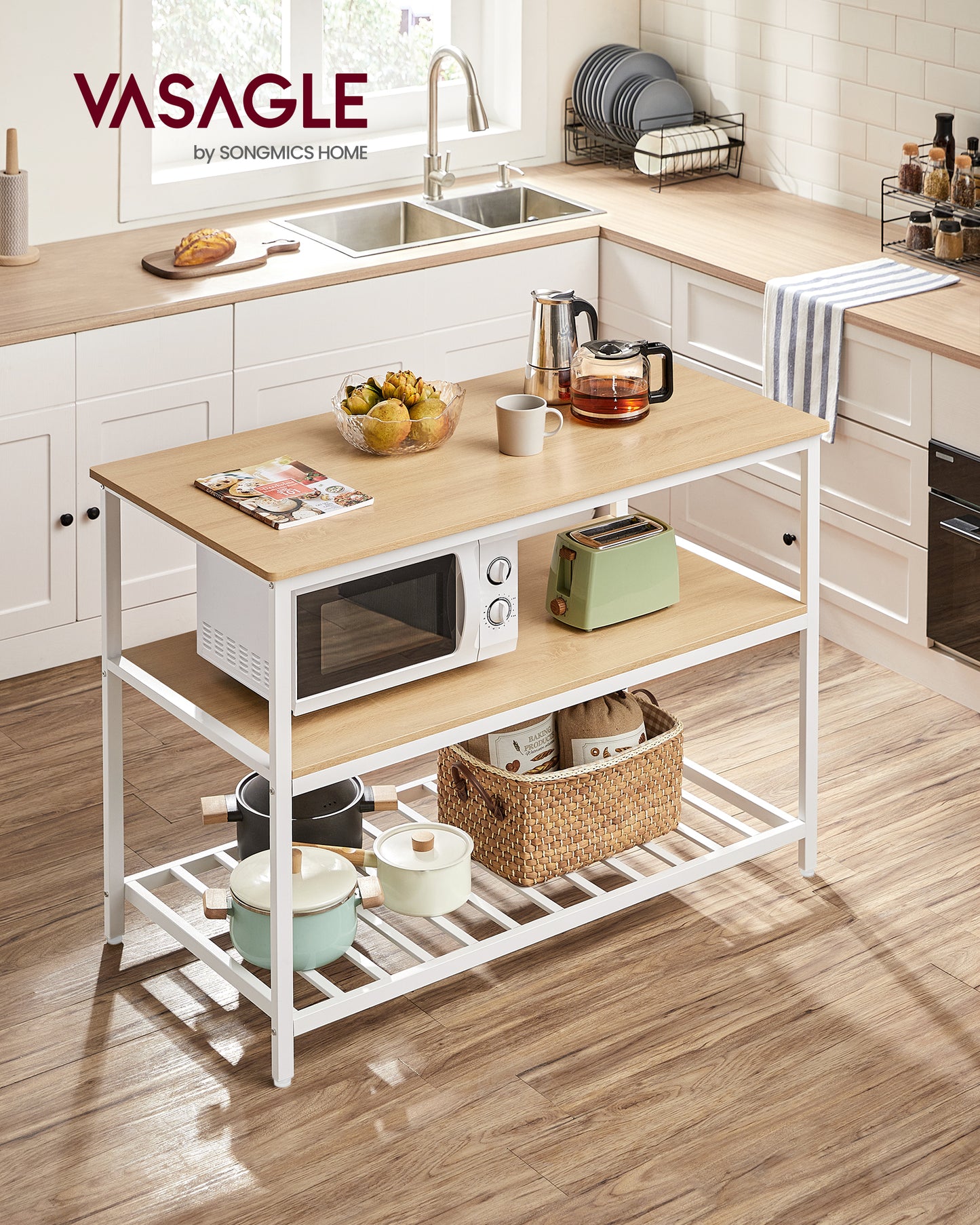 Kitchen Island with 3 Shelves, Island Table, 47.2 Inches Width Kitchen Shelf with Large Worktop, Stable Steel Structure, Industrial