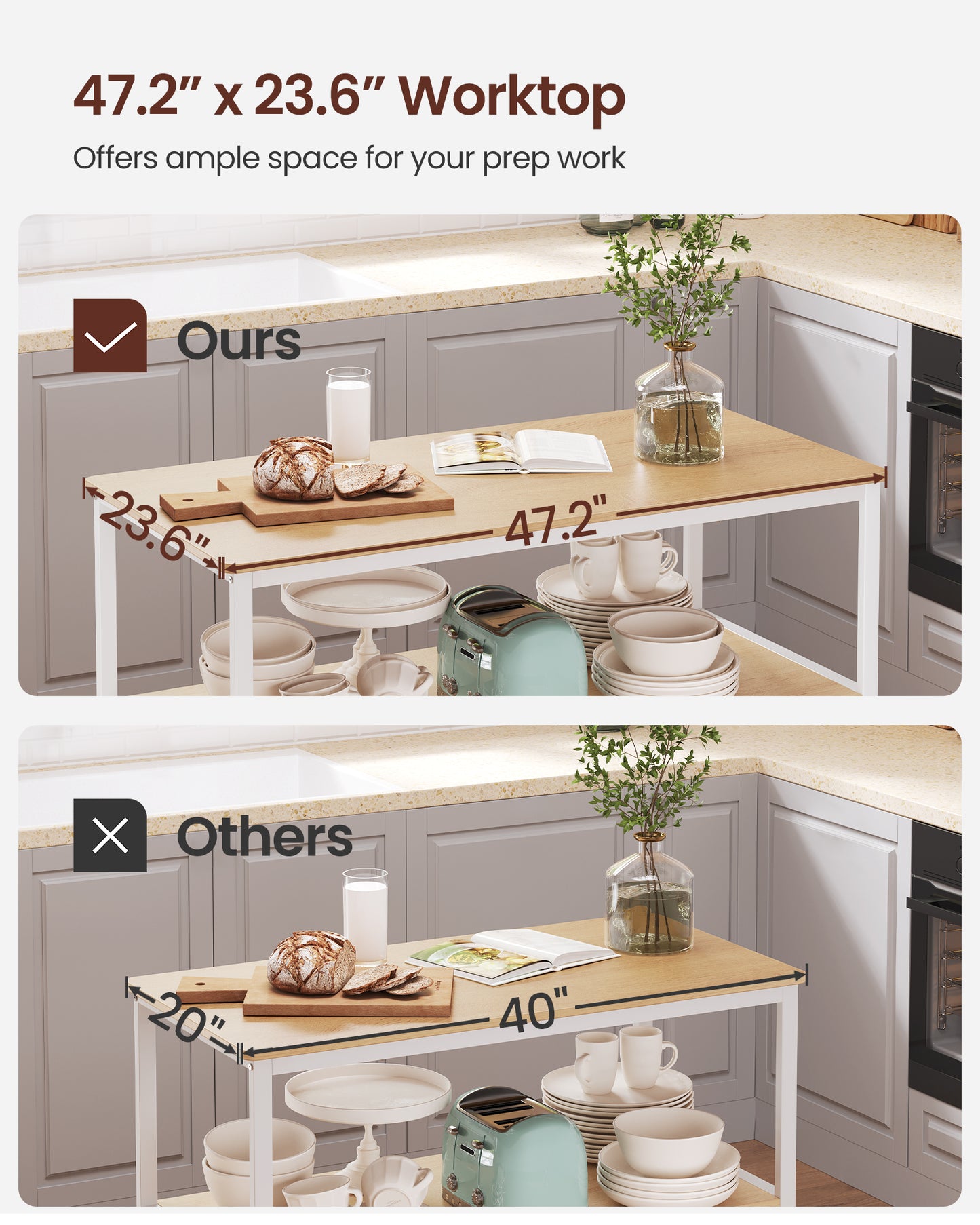 VASAGLE Kitchen Island with 3 Shelves, 47.2 Inches Kitchen Shelf with Large Worktop, Stable Steel Structure, Oak Color and White