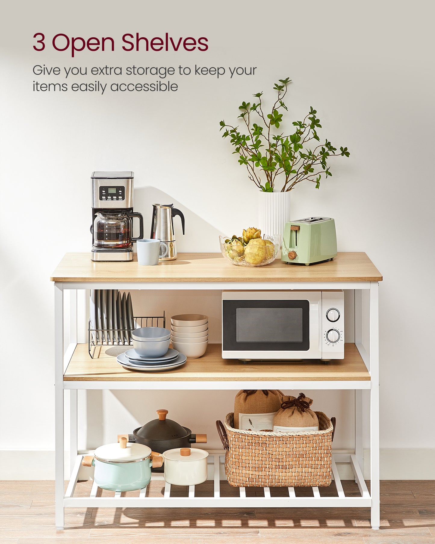 VASAGLE Kitchen Island with 3 Shelves, 47.2 Inches Kitchen Shelf with Large Worktop, Stable Steel Structure, Oak Color and White