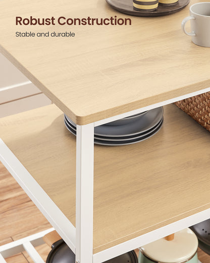 VASAGLE Kitchen Island with 3 Shelves, 47.2 Inches Kitchen Shelf with Large Worktop, Stable Steel Structure, Oak Color and White