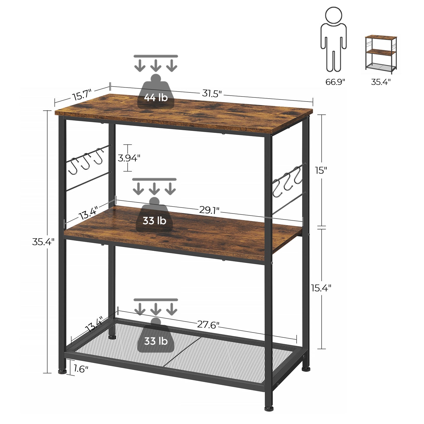 VASAGLE Bakers Rack, Kitchen Island Storage Shelf, Microwave Oven Stand, Metal Frame, Industrial, Rustic Brown and Black