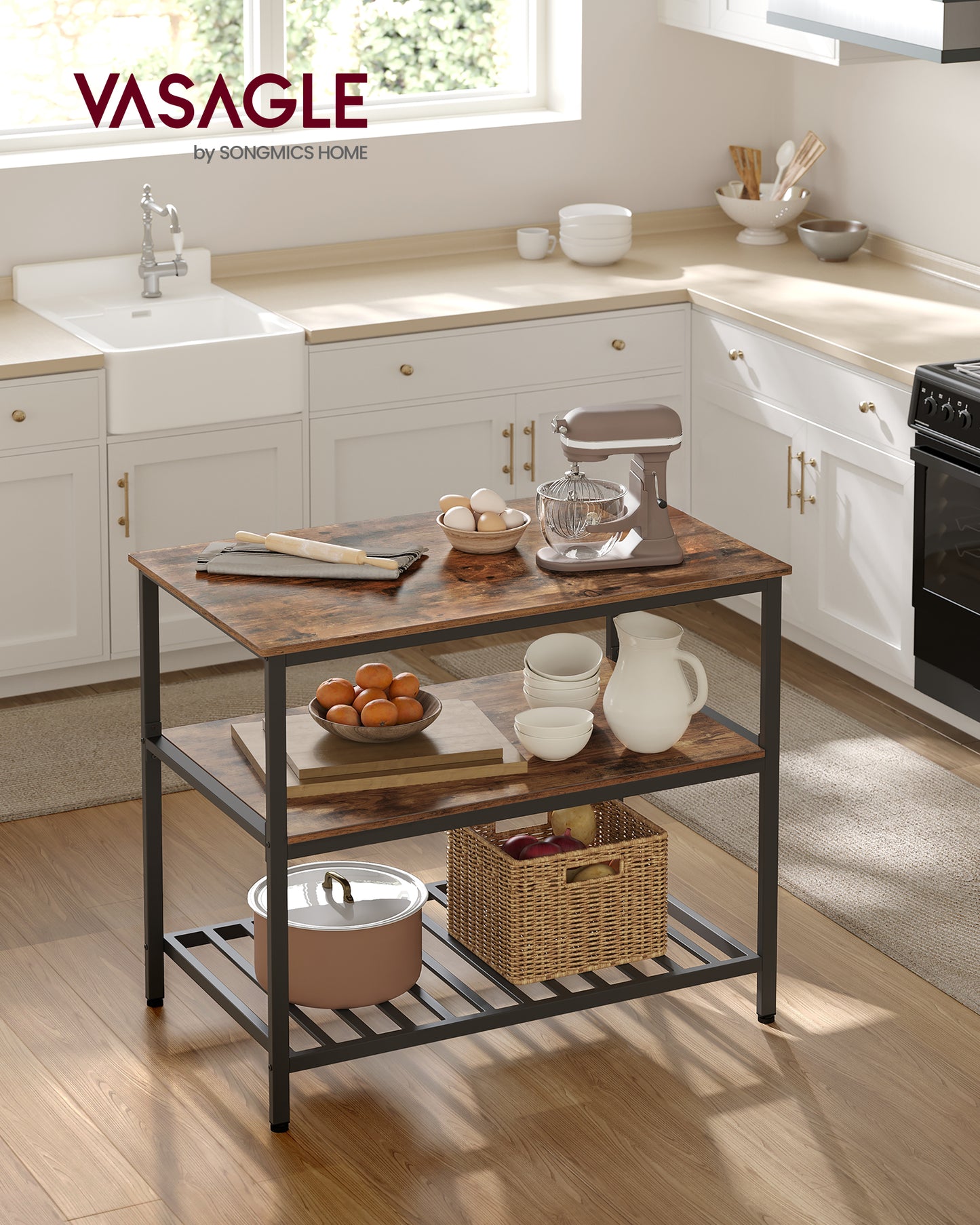 VASAGLE Kitchen Island with 3 Shelves, 39.4 Inches Kitchen Shelf with Large Worktop, Stable Steel Structure, Industrial Rustic Brown and Black