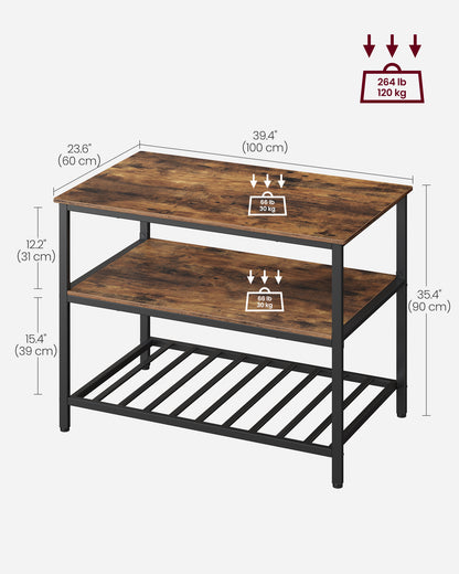 VASAGLE Kitchen Island with 3 Shelves, 39.4 Inches Kitchen Shelf with Large Worktop, Stable Steel Structure, Industrial Rustic Brown and Black