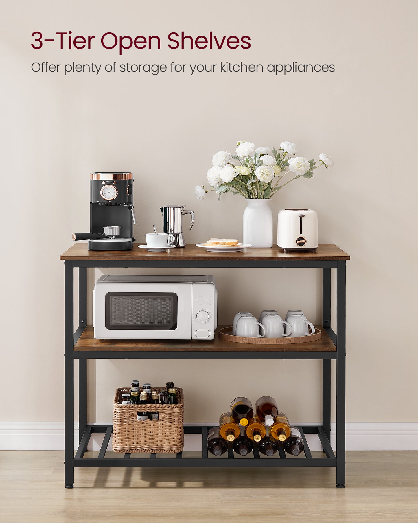 VASAGLE Kitchen Island with 3 Shelves, 39.4 Inches Kitchen Shelf with Large Worktop, Stable Steel Structure, Industrial Rustic Brown and Black
