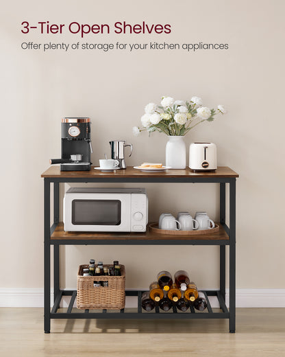 VASAGLE Kitchen Island with 3 Shelves, 39.4 Inches Kitchen Shelf with Large Worktop, Stable Steel Structure, Industrial Rustic Brown and Black