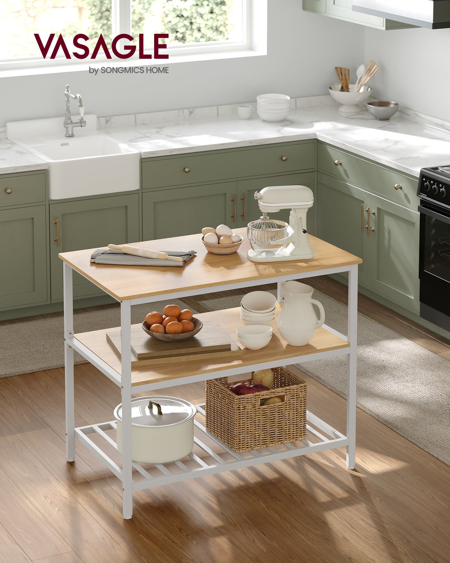 VASAGLE Kitchen Island with 3 Shelves, 39.4 Inches Kitchen Shelf with Large Worktop, Stable Steel Structure, Oak Color and White